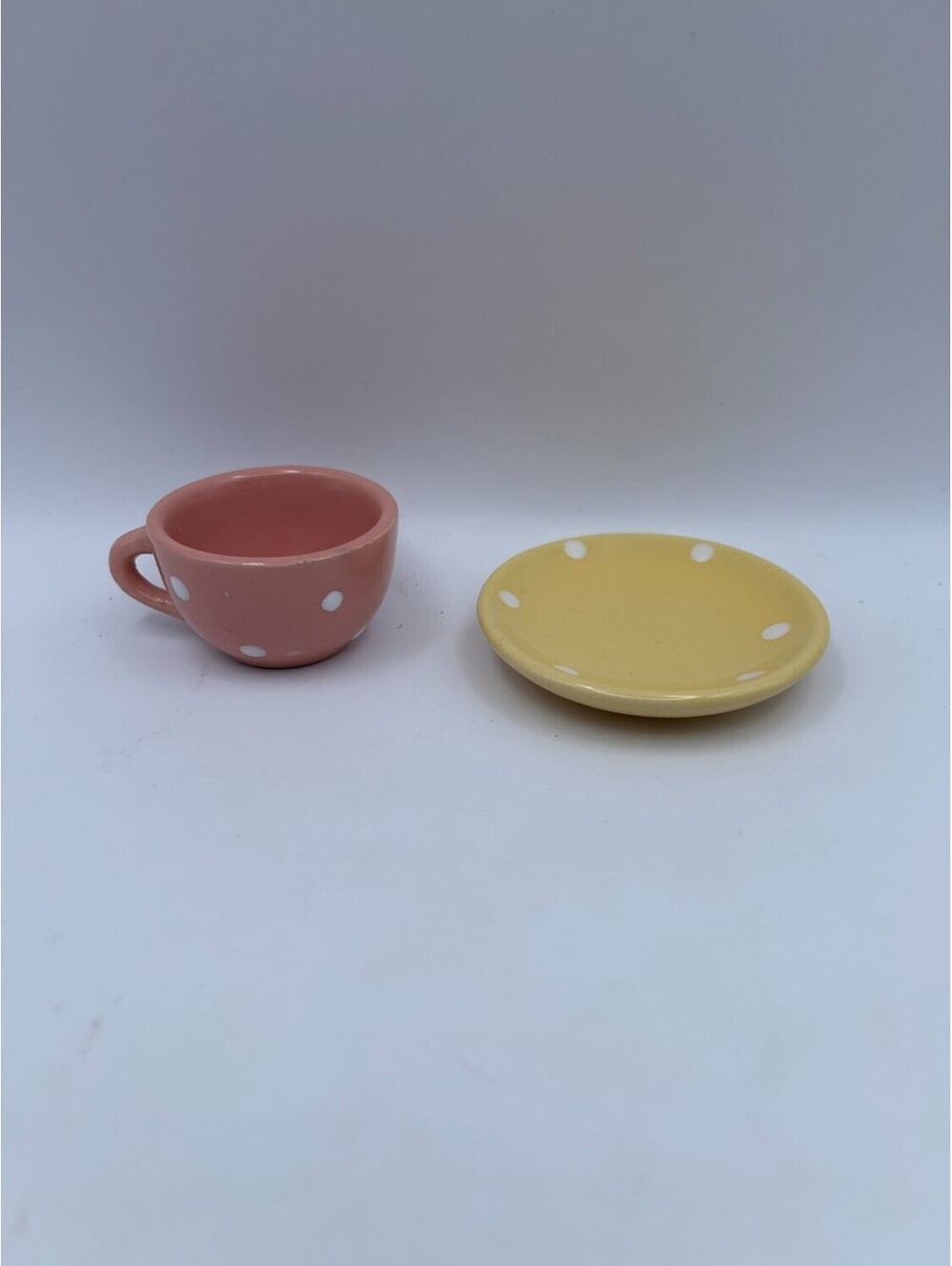 Miniature Ceramic Tea Cup and Saucer Set Pink Yellow Glazed Finish